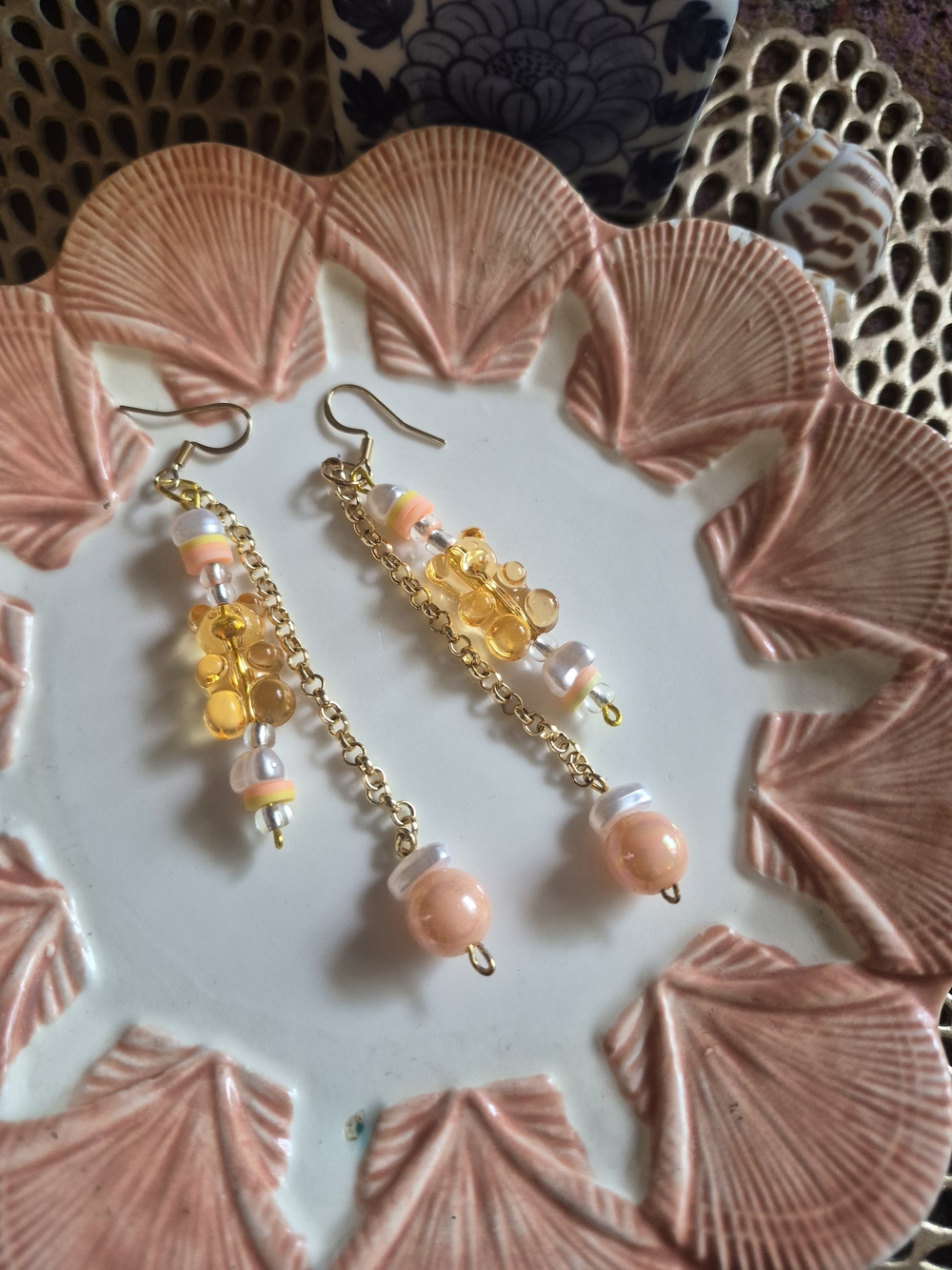 Gold Drop Earrings with Peach Beads and Amber Accents